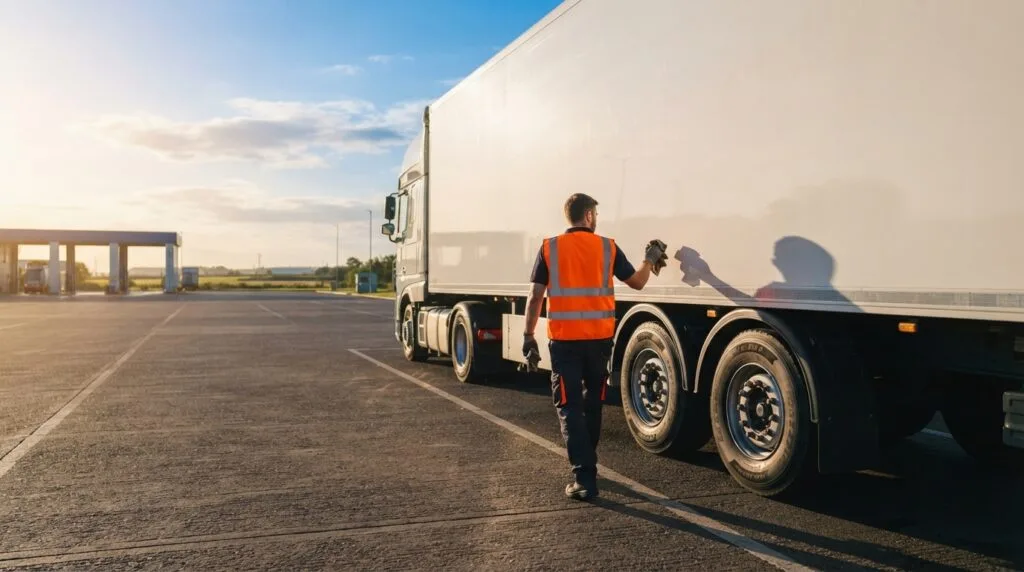 Attendant walking alongside a truck inspecting the bodywork before a wash