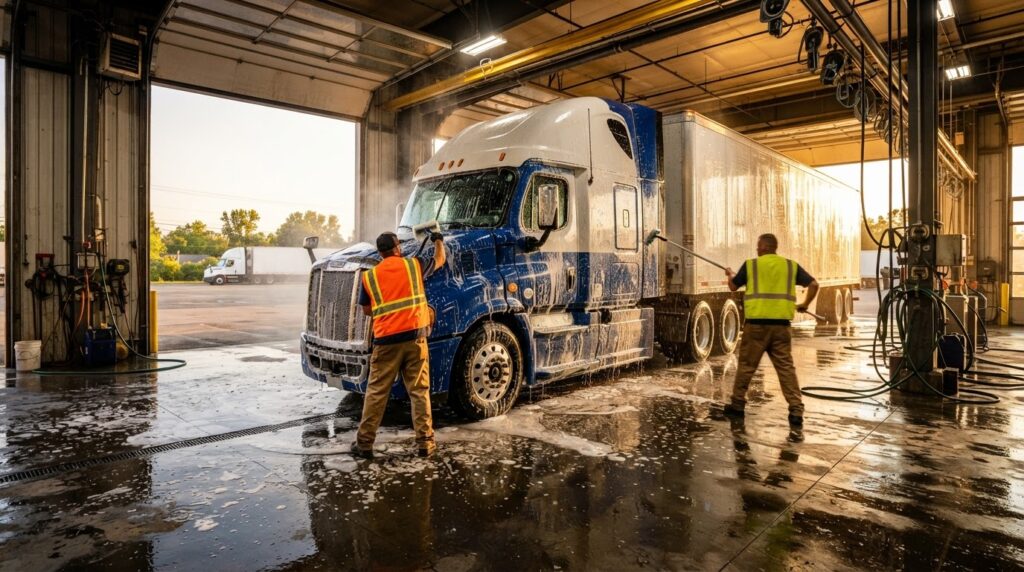 Busy truck wash bay with two attendants working on a vehicle in warm light