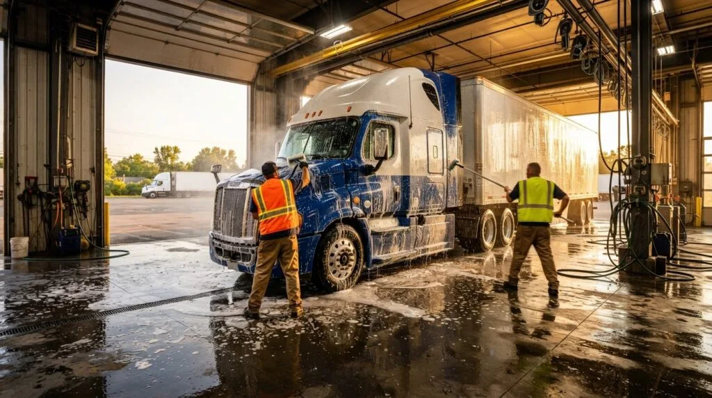 Busy truck wash bay with two attendants working on a vehicle in warm light