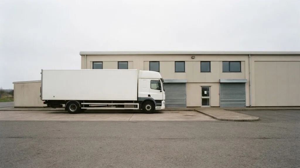 A clean lorry parked outside a plain depot office building