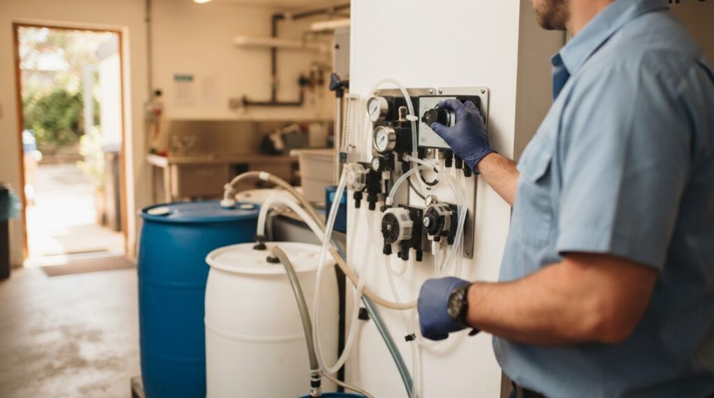 Wash bay operator adjusting dosing equipment beside plastic chemical drums