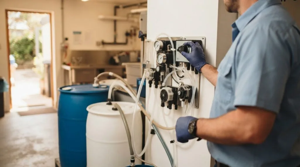 Wash bay operator adjusting dosing equipment beside plastic chemical drums