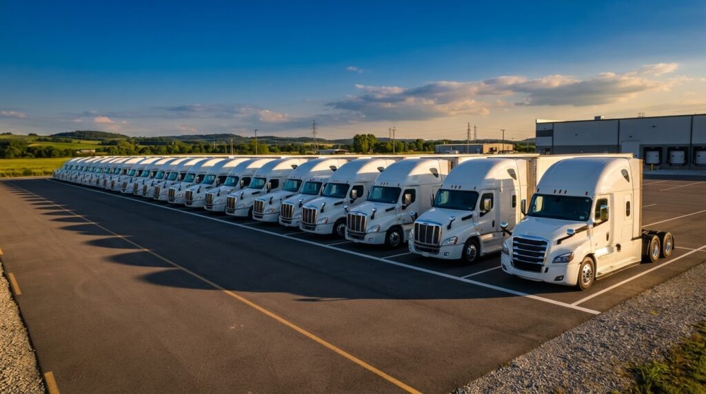 Line of fleet trucks parked at a depot in warm evening light