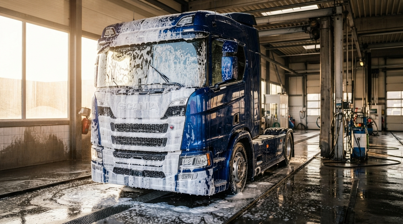 Thick white foam covering the front of a truck cab during a wash