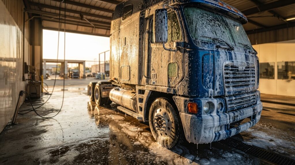 Foam covering the front of a truck cab during a wash in warm daylight