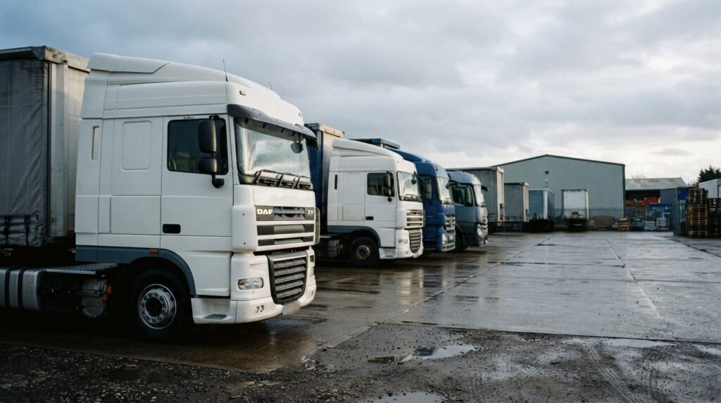 Lorries parked in a row at a haulage depot yard with a freshly washed cab in the foreground