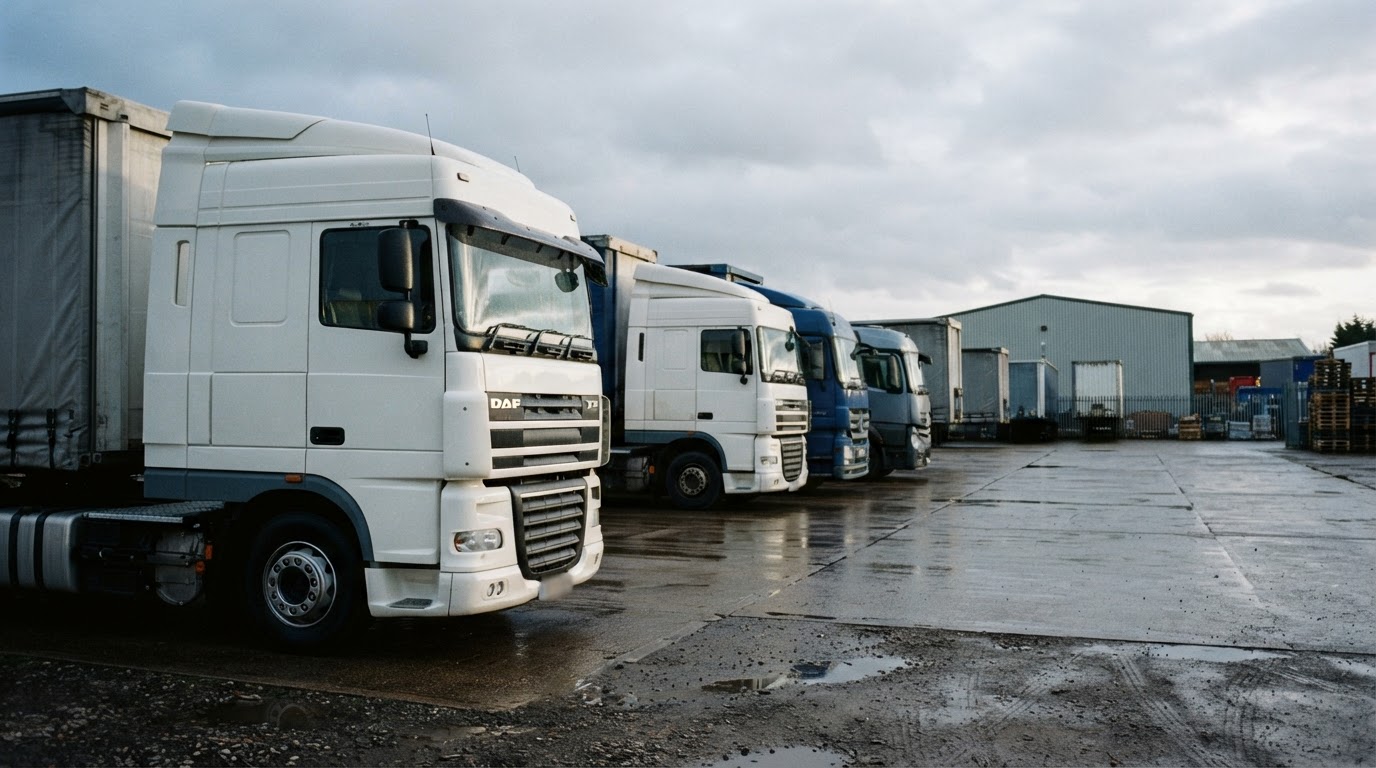 Lorries parked in a row at a haulage depot yard with a freshly washed cab in the foreground