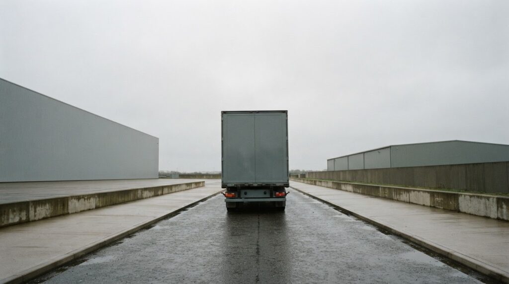 A lorry driving away from a truck wash site down a wet access road