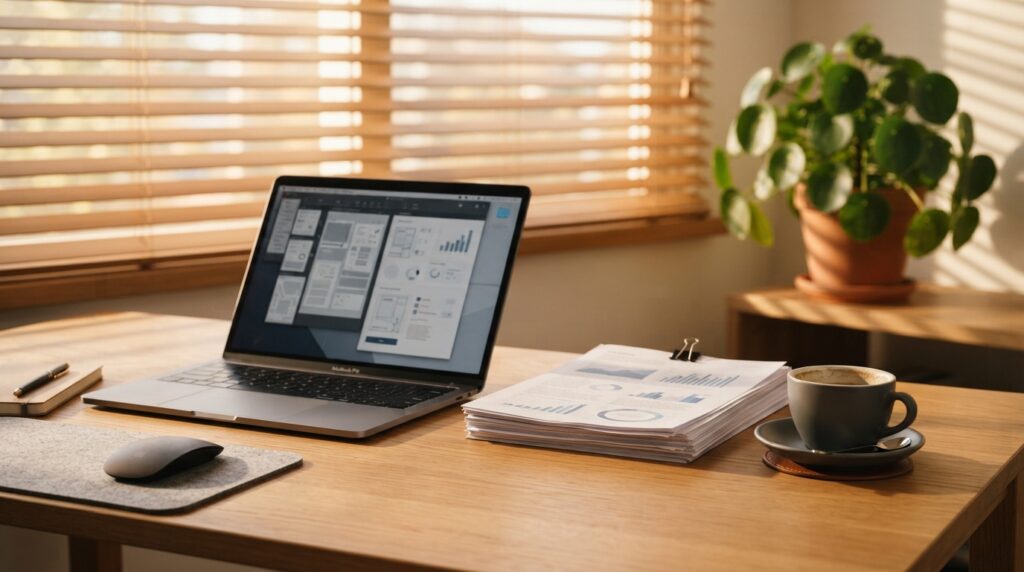 Laptop and printed wash records on a wooden desk in warm daylight
