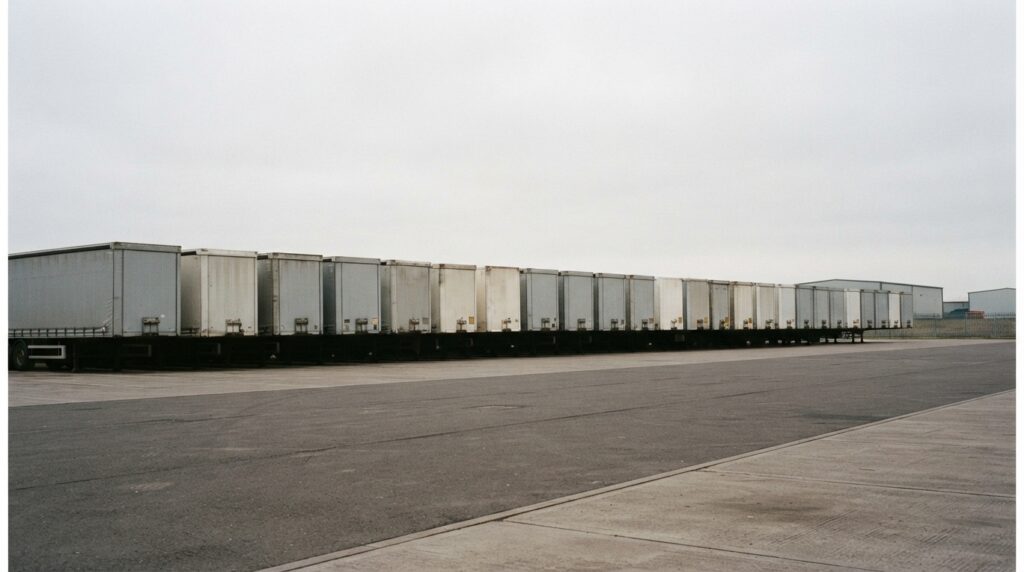 A row of identical trailers parked in line at a haulage depot