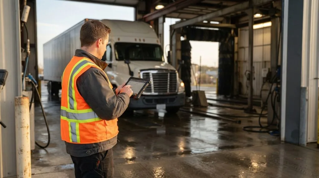 Wash attendant entering a job on a tablet at the entrance to a wash bay