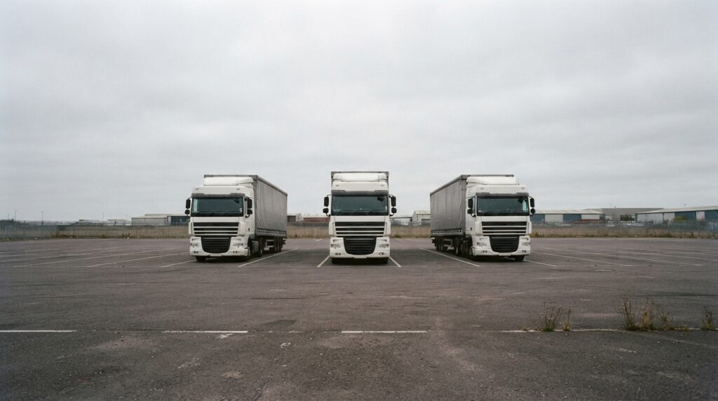 Three plain lorries parked side by side on tarmac under an overcast sky