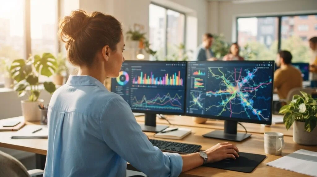 Transport planner reviewing fleet data on two screens in a bright office