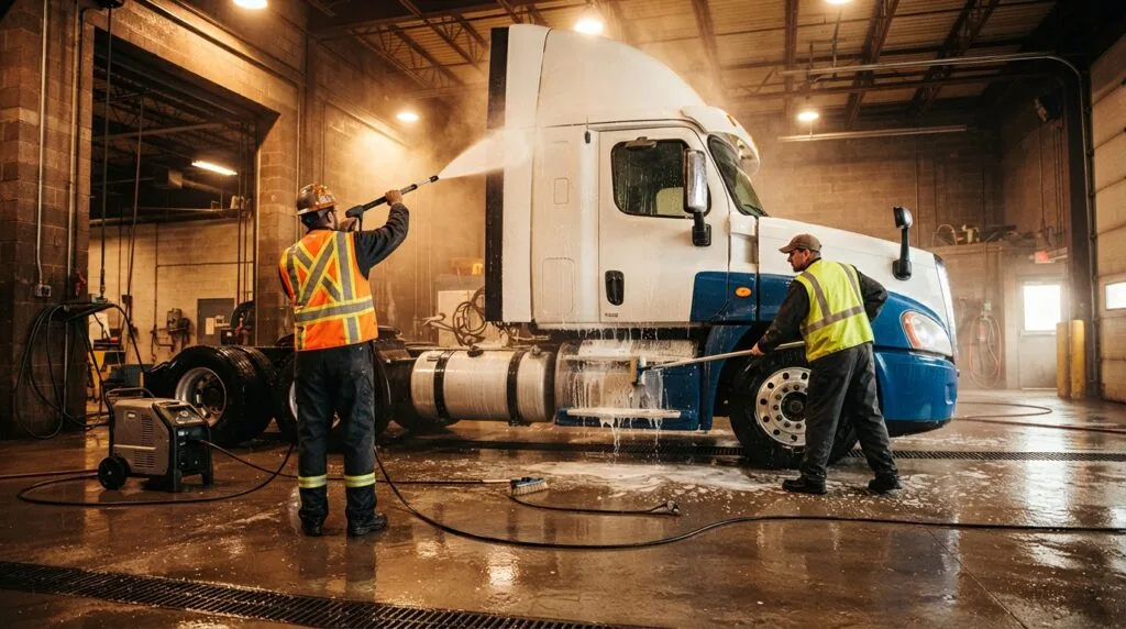 Two wash attendants working on opposite sides of a truck in a bright bay