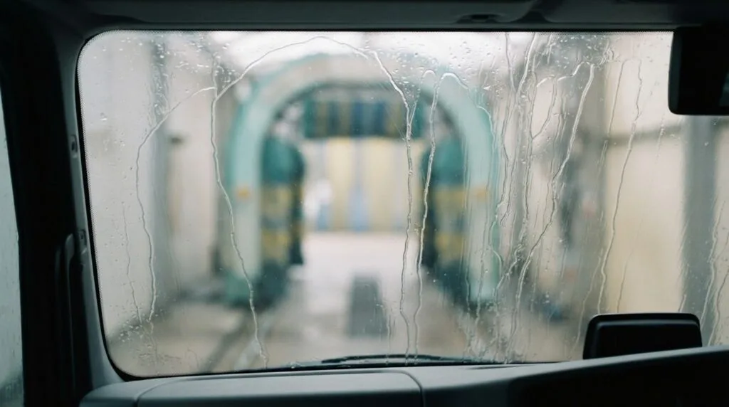 The view forward from inside a lorry cab entering a wash bay