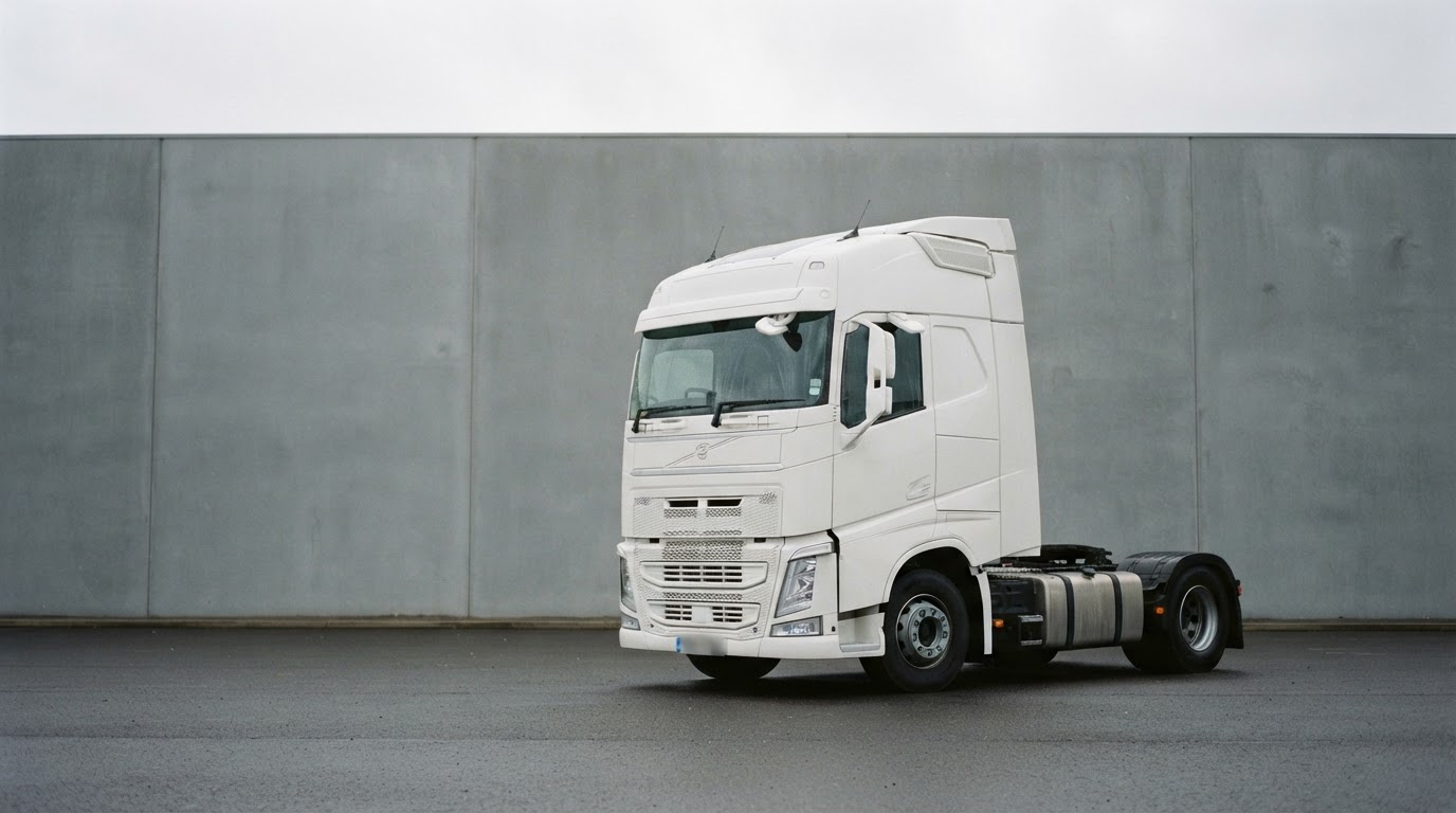 Freshly washed white lorry cab parked against a plain grey wall under an overcast sky