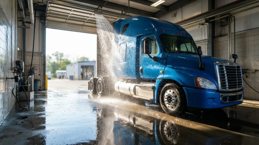 Water sheeting down the side of a truck cab in bright daylight inside a wash bay